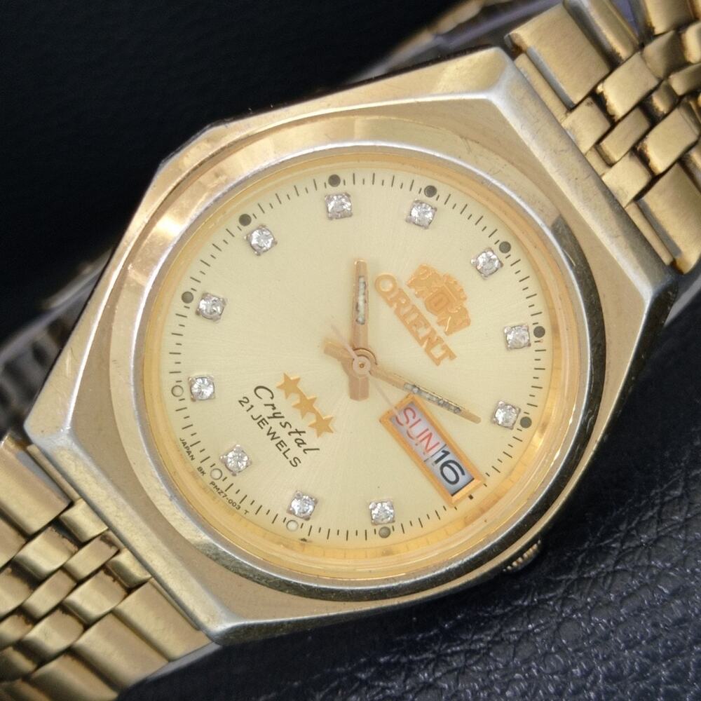 Vintage 1976 Orient Automatic Mens Gold Watch W/daydate & Diamond accents